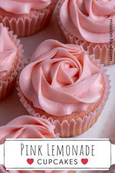 pink lemonade cupcakes on a white plate with text overlay that reads, pink lemonade cupcakes