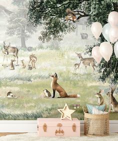 an animal themed wallpaper with deer and balloons in the background, along with other animals