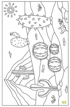 a coloring page with cactuses and plants in the desert, one is black and white