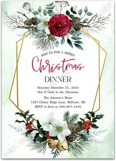 a christmas dinner flyer with flowers and pine cones