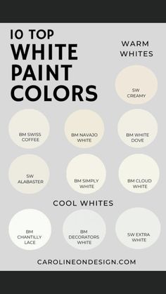 the top 10 white paint colors for interior walls and floors in various shades, with text overlaying them