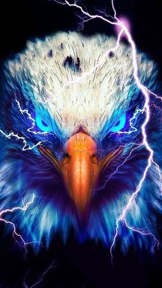 an eagle with bright blue eyes and lightning in the sky behind its head is glowing