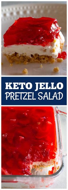 keto jello pretzel salad in a glass dish