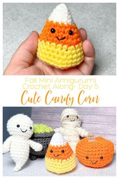 crochet amigurm cute candy corn with ghost, pumpkin and ghost on it