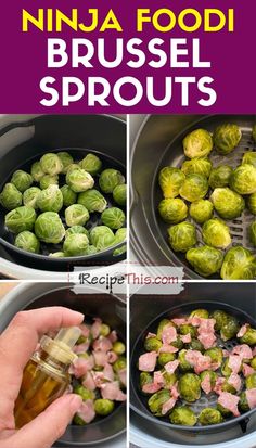 brussel sprouts are being cooked in an air fryer with the words,