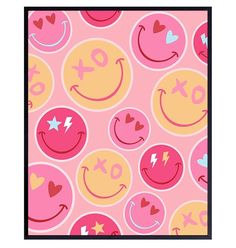 a pink and yellow pattern with smiley faces on it's sides, stars, and hearts