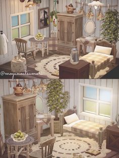 two pictures of a living room with furniture and decorations on the walls, in different stages of being decorated