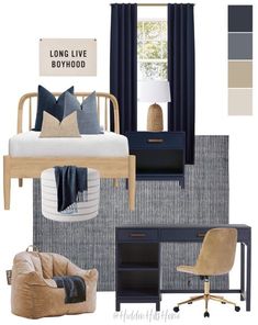 a bedroom with blue and gray decor, including a bed, chair, desk, lamp, rugs and other items