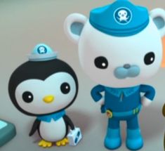 an animated image of two penguins and a penguin in a blue uniform with a police hat on