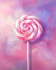 a pink and white lollipop on a stick