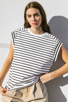 A striped knit top featuring round neckline and ribbed short sleeveDetails:Self : 90% Cotton 5% SpandexSize & Fit- Model is 5`8" And Wearing Size Small- Measurements Taken From Size Small- Approx. Length: 24" Summer Striped Ribbed Tops, White Crew Neck Top With Striped Sleeves, White Short Sleeve Top With Striped Sleeves, Striped Ribbed Short Sleeve Tops, White Crew Neck T-shirt With Striped Sleeves, Ribbed Short Sleeve Top For Everyday Summer Wear, Summer Striped Tops With Ribbed Neckline, Striped Summer Tops With Ribbed Neckline, Striped Stretch T-shirt With Short Sleeves