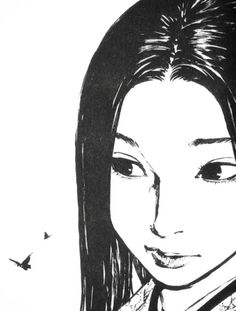 a black and white drawing of a woman with long dark hair wearing a kimono