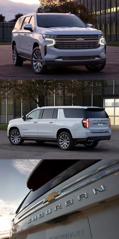 three different views of the front and rear end of a white chevy suv, with its lights on