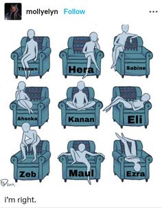 six different types of people sitting on couches with the words in english and japanese