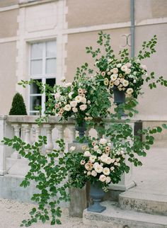 two tall vases with flowers are on the steps outside an old building in france