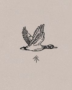 an ink drawing of a duck flying in the sky with chinese writing on it's side