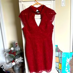 Dress That’s Perfect For A Wedding. It’s Never Been Worn And Still Has Tags Size Large But Is A Little Tight Near The Legs. Red Fitted Mini Dress For Bridesmaid, Fitted Red Mini Dress For Bridesmaids, Elegant Red Mini Dress For Wedding, Red Midi Dress For Wedding And Holiday, Red Sheath Dress For Wedding, Red Lace Mini Dress For Wedding, Red Fitted Dress For Wedding Guest, Elegant Red Bridesmaid Mini Dress, Fitted Red Midi Dress For Wedding Guest