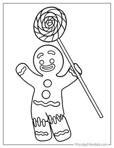 a coloring page with a ginger holding a lollipop in it's hand