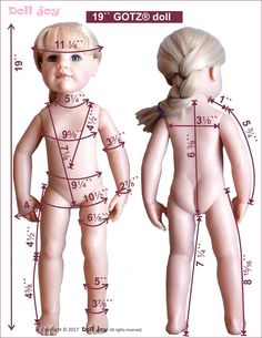 an image of a doll with measurements for it's body and head to be measured