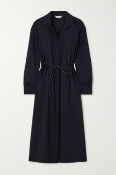 Max Mara delivers understated elegance with this 'Monia' shirt dress. It's been tailored in Italy from wool and has a smooth leather belt to cinch the loose fit.  Complement the timeless navy shade with silver jewelry. Maxmara Dress, Fall Winter Dresses, Dresses Royal, Midi Shirt Dress, Crepe Dress, Winter Dresses, Max Mara, Garden Party, Smooth Leather