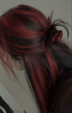 Long Dyed Hair Aesthetic, Scarletcore Aesthetic, Red Highlights In Brown Hair Wavy, Curls Dyed Hair, Dark Red Skunk Stripe Hair, Black Hair With Colored Extensions, Black With Red Underneath Hair, Red Hair Grunge Aesthetic, Hair With Colored Highlights