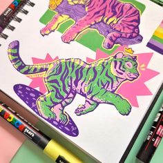 a drawing of a tiger on top of a skateboard next to crayons