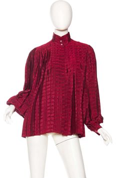 For Sale on 1stDibs - 1970S GUCCI Cranberry Red Silk Jaquard Pleated Blouse Luxury Gucci Blouse For Office, 1970s Blouse, Cropped Blouse, Pleated Blouse, Designer Shirts, Red Silk, Crop Blouse, Crushed Velvet, 70s Fashion