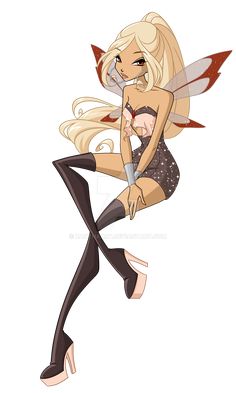 a cartoon fairy with long blonde hair and black stockings