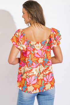 A printed woven top featuring sweetheart neckline and layered flutter sleeveDetails:Self: 100% PolyesterSize & Fit- Model is 5`8" And Wearing Size Small- Measurements Taken From Size Small- Approx. Length: 25" Summer Off-shoulder Top With Ruffle Hem, Off-shoulder Tops With Ruffle Hem For Summer, Off-shoulder Top With Ruffle Hem For Summer, Multicolor Ruffle Sleeve Tops For Vacation, Floral Print Flutter Sleeve Tops For Brunch, Flutter Sleeve Floral Print Top For Brunch, Multicolor Square Neck Tops For Spring, Spring Multicolor Square Neck Tops, Multicolor Ruffle Sleeve Tops For Beach