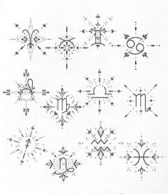 an old black and white drawing of different types of symbols in the form of snowflakes