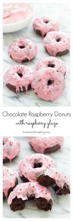 chocolate raspberry donuts with strawberry glaze on top and in the middle