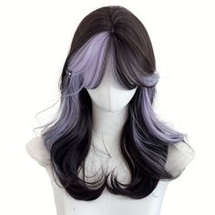 kostenloser Versand, schnellerer Kundendienst Long Black And Purple Hair, Black And Purple Hair Ideas, Black Wig With Purple Highlights, Long Black Hair With Purple Streaks, Wigs Purple And Black, Cute Goth Wigs, Red Rosa, Cool Hair Designs, Color Block Hair