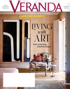 the cover of veranda magazine featuring an image of a living room with art on the wall