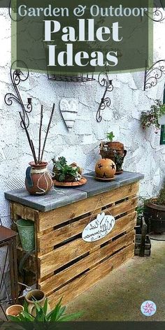 an outdoor pallet table with potted plants on top and the text garden & outdoor pallet ideas above it