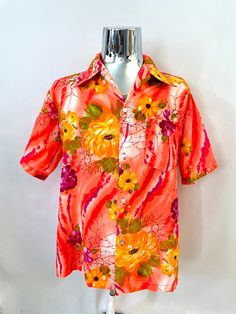 Vintage 60's Neon, Orange, Floral, Hawaiian Shirt (L) by Freshandswanky on Etsy Orange Retro Style Relaxed Fit Shirt, Orange Retro Relaxed Fit Shirt, Retro Orange Relaxed Fit Shirt, Orange Relaxed Fit Retro Shirt, Groovy Retro Print Summer Shirt, Groovy Retro Print Shirt For Summer, Red Retro Print Summer Shirt, Orange Short Sleeve Hawaiian Shirt For Spring, Orange Retro Print Summer Shirt