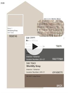 the interior and exterior color scheme for a house with brick walls, sidings, and windows