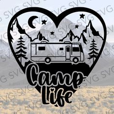 a heart shaped camper with trees and mountains in the background, is shown on a clear