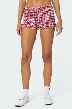 Shorts Tiered elastic scrunch Gingham pattern Polyester Model wears size S Model height is 5'8 Item care: Wash with similar color Scrunch Shorts, Slim Fit Cargo Pants, Kids Activewear, Curve Jeans, Gingham Pattern, Denim Sweater, Swimwear Dress, Jeans Kids, Kids Swimwear