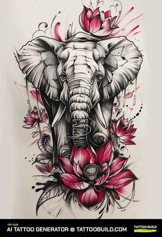 an elephant with flowers on it's back and the words tattoo studio written below