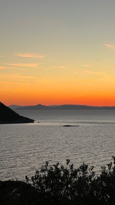 the sun is setting over the ocean with mountains in the distance and trees to the side