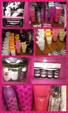 several pictures of different types of cosmetics in pink and purple frames with polka dots on them