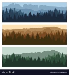 three horizontal banners with trees and mountains