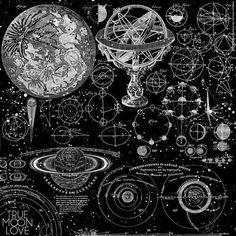 an old black and white poster with various types of planets in the space around it