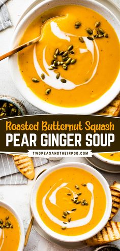 Enjoy Roasted Butternut Squash Pear Ginger Soup, a fall comfort food idea! This vegan soup features pear, onion, garlic, ginger, vegetable broth, and creamy coconut milk. Enjoy it with a salad and crusty bread for a gluten free dinner! Cozy up with this soup recipe for dinner! Squash Pear Soup, Roasted Butternut Squash And Pear Soup, Butternut Squash And Pear Soup, Butternut Squash Pear Soup, Coconut Butternut Squash Soup, Pear Soup, Vegan Winter Recipes, Butternut Squash Apple, Pear Ginger