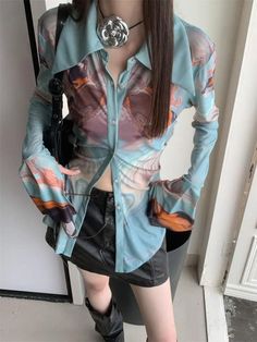 One Size: Shoulder: 42 cm Chest: 82-90 cm Length: 60 cm Sleeve: 65 cm Fitted Collared Top With Abstract Print, Fitted Multicolor Tops For Office, Fitted Blouse With Abstract Print For Fall, Patch Work Blouse, Mesh Blouse, Sweater Jacket, Jean Coat, Sweater Hoodie, Women Long Sleeve