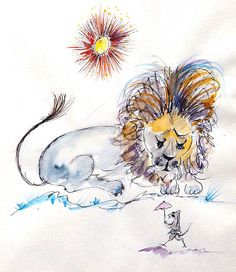 a drawing of a lion laying on the ground next to a small dog and a sun