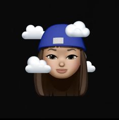 the girl is wearing a blue hat with white clouds