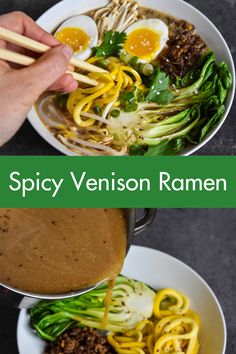 two plates filled with noodles, meat and veggies on top of each other