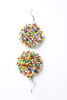 Beaded Earrings | Seed Bead Earrings | Colorful Beaded Earrings | Handmade | Summer Earrings | Gift For Her | Boho Hippie Earrings Colorful Beaded Circle Earrings As Gift, Colorful Beaded Circle Earrings For Gift, Multicolor Hoop Earrings With Large Beads As Gift, Multicolor Circular Beaded Earrings With Ear Wire, Multicolor Beaded Circle Earrings, Nickel Free Multicolor Beaded Round Earrings, Multicolor Round Beaded Earrings, Multicolor Circle Earrings With Dangling Beads, Unique Multicolor Beaded Hoop Earrings