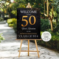 a welcome sign for the 50 year reunion of the riverdale high school class of 1974